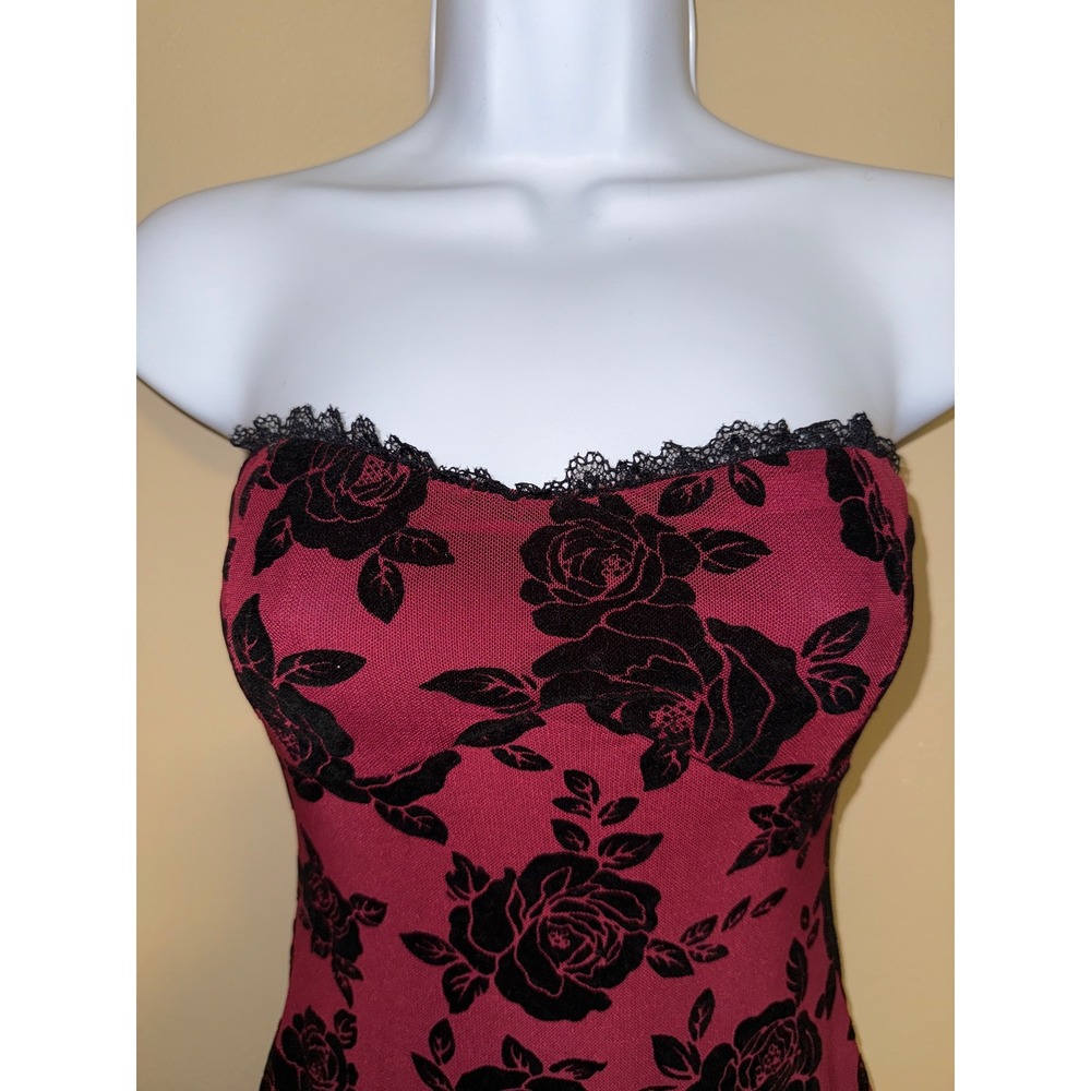 Women Strapless MidiDress BurgundyBlack Velvet Rose Lace S WhmsigothDarkromance - Picture 2 of 7
